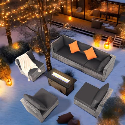 7 Piece Outdoor Wicker Patio Furniture Set, Grey/Dark Grey | Sectional Sofa | All-Weather Hand-Woven Rattan | Tempered Glass Coffee Table | Free Combination | Indoor & Outdoor Use
