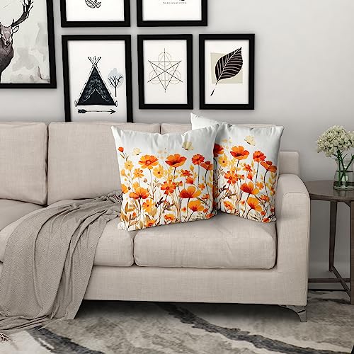 Fall Wildflowers Decorative Pillow Covers 18x18 Inch Set of 2,Thanksgiving Autumn Kitchen Home Decor, Orange Flower Throw Pillows Case,Farmhouse Square Cushion Covers for Sofa Bed Couch