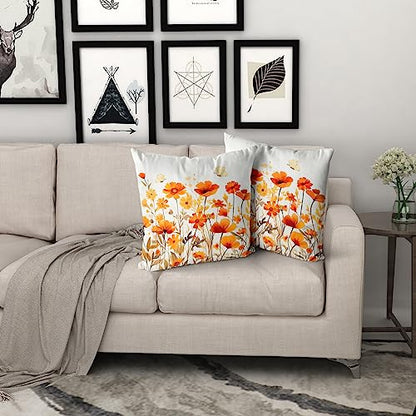 Fall Wildflowers Decorative Pillow Covers 18x18 Inch Set of 2,Thanksgiving Autumn Kitchen Home Decor, Orange Flower Throw Pillows Case,Farmhouse Square Cushion Covers for Sofa Bed Couch