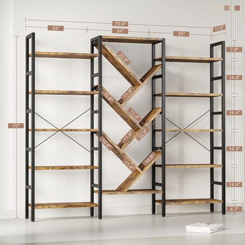 70x70 Triple 5 Tier Book Shelf, Large Wooden Bookcase with 17 Open Display Shelf, Modern Tree Bookshelf Metal Frame Tall Book Case Furniture for Living Room Bedroom Home Office Rustic Brown