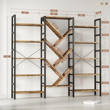 70x70 Triple 5 Tier Book Shelf, Large Wooden Bookcase with 17 Open Display Shelf, Modern Tree Bookshelf Metal Frame Tall Book Case Furniture for Living Room Bedroom Home Office Rustic Brown