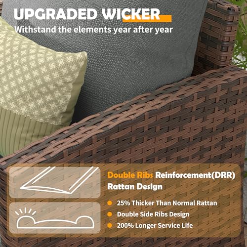 Outdoor Patio Furniture Set with 44" Fire Pit Table, 6 Pieces Sectional Conversation Sets, All-Weather Wicker Rattan Sofa Ottoman with 4" Thick Cushion for Garden Backyard Deck, Dark Grey