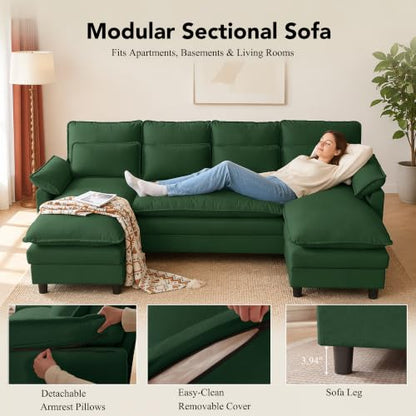 105" Convertible Sectional Sofa, U Shape Cloud Couch, Comfy Couches with Double Chaise and Sleepable Armrests, 4 Seats Sectional Couches for Living Room, Green