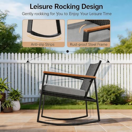 3 Piece Outdoor Patio Wicker Furniture Set, Outdoor Patio Rocking Bistro Set of 2 with Wooden Armrests and Coffee Table for Lawn, Yard, Porch, Balcony (Grey)
