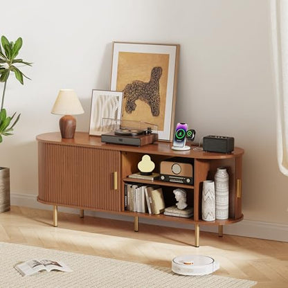 55 Inch Mid Century Modern TV Stand with Power Outlet for TVs up to 60 Inch, Entertainment Center with Storage and Adjustable Shelves, Media Console with Sliding Doors for Living Room(Walnut)
