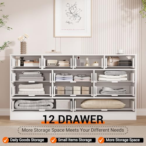 12 Drawer Wooden Dresser for Bedroom, Rattan Chest of Drawers for Closet, Living Room, Hallway, 61 Inch Wood Wide TV Stand Dressers for 65 Inch TV, Modern Dresser for Adult Room
