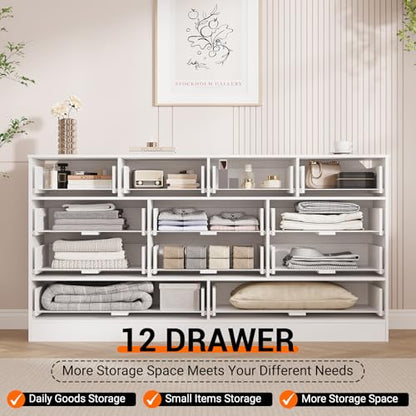 12 Drawer Wooden Dresser for Bedroom, Rattan Chest of Drawers for Closet, Living Room, Hallway, 61 Inch Wood Wide TV Stand Dressers for 65 Inch TV, Modern Dresser for Adult Room