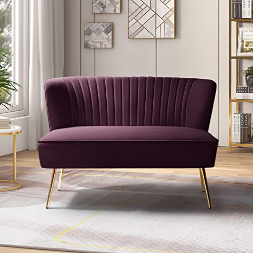 Contemporary Velvet Loveseat Sofa, Upholstered Loveseat Couch with Golden Metal Legs, Small Tufted 2-Seat Sofa Armless Love Seat for Living Room, Bedroom, Apartment Small Spaces, Purple