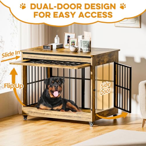 46" Large Dog Crate Furniture, Double Door Wooden Indoor Dog Kennel Furniture, view 3