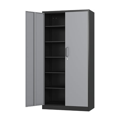 Metal Cabinet Steel Storage Cabinet - 71” Tall File Cabinets with Lockable Doors and 5 Adjustable Shelves Black&Gray Steel Storage Cabinets for Home, School, Office, Garage