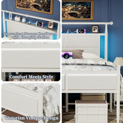 Full Size Metal Bed Frame with Upholstered Headboard and Led Lights, White, view 7