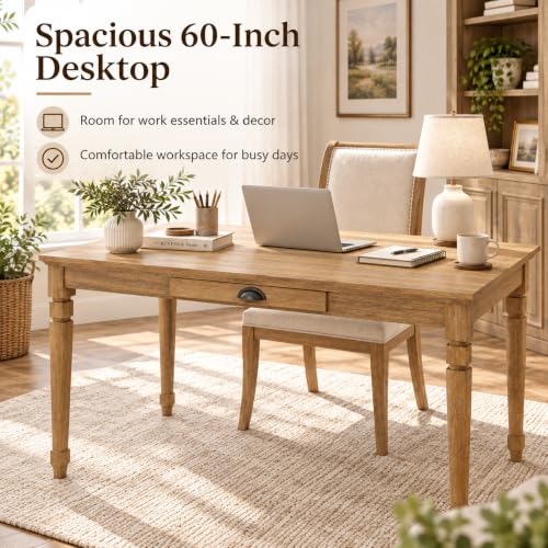 60" Farmhouse Writing Desk with Drawer, French Country Desk, view 7