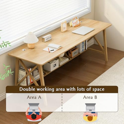 NELYE Extra Long Writing Desk with Bookshelf, 47" Wx16 Dx30 H, Oak, view 5