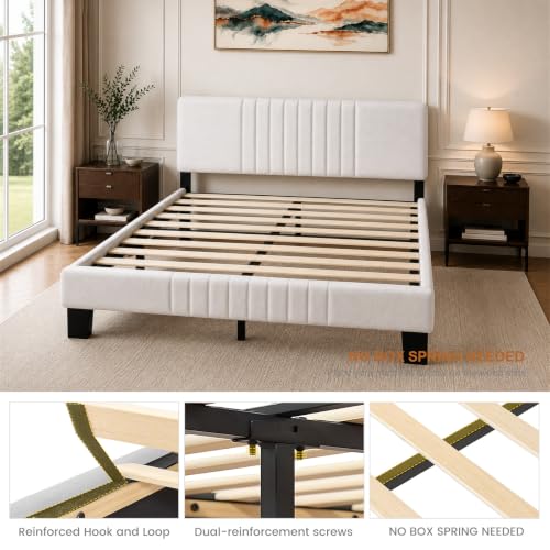 Queen Upholstered Platform Bed Frame with Adjustable Padded Headboard, view 6