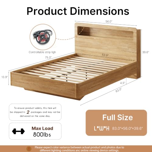 Full Bed Frame with Headboard, Led Lights, No Box Spring Needed, Wooden Slats, view 3