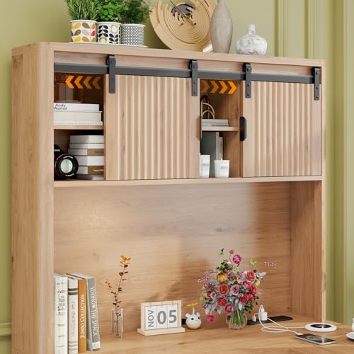 Farmhouse 68" L Shaped Fluted Desk with Hutch and Sliding Doors,Oak, view 4