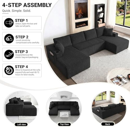 125" Cloud Couch Sectional, Modular Sofa with Cup Holder and Storage Pocket, Corduroy U Shaped Boneless Sofas, Couch in a Box, No Assembly Required, Black Couches for Living Room