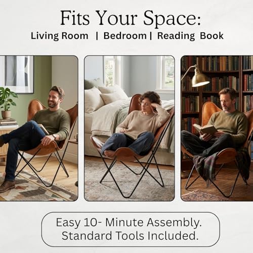 Butterfly Chair - Tan Leather Living Room Chair with Black Metal Base (Iron Frame with Tan Cover)