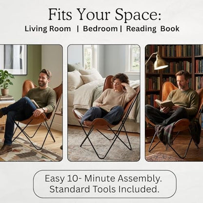Butterfly Chair - Tan Leather Living Room Chair with Black Metal Base (Iron Frame with Tan Cover)