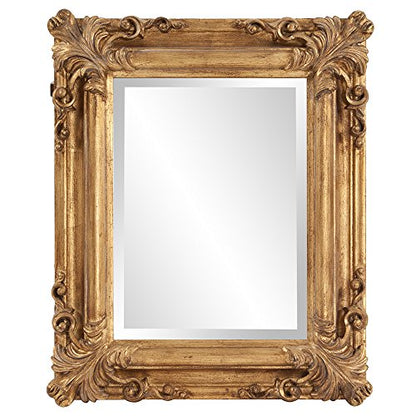 Edwin Hanging Rectangular Wall Mirror, Rustic Antique Gold Framed Decorative Accent Mirror for Living Room or Bedroom with Elegant Embellished Design, 19 x 23 Inch