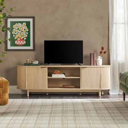 Chloe Curved Reeded TV Stand, Sliding Doors, 75 Inch, 70 inch, Coastal Oak