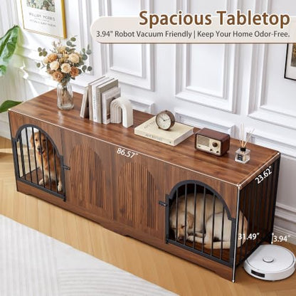 87" Large Dog Crate Furniture TV Stand, Double Kennel Divider (Walnut), view 4