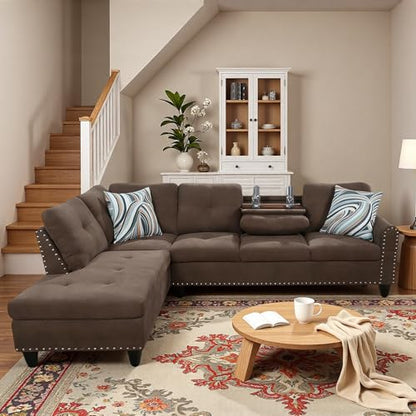 L-Shaped Sectional Sofa, Modern 4-Seat Couch with Built-in Cup Holders, Upholstered Fabric Sectional Couch with Left Facing Chaise for Living Room, Apartment, Office, Brown