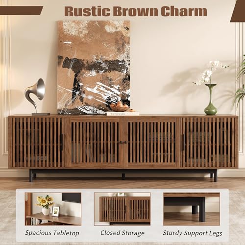 Marzzi 78" Mid-Century TV Stand with Slatted Doors for 75-85 Inch TVs, view 5