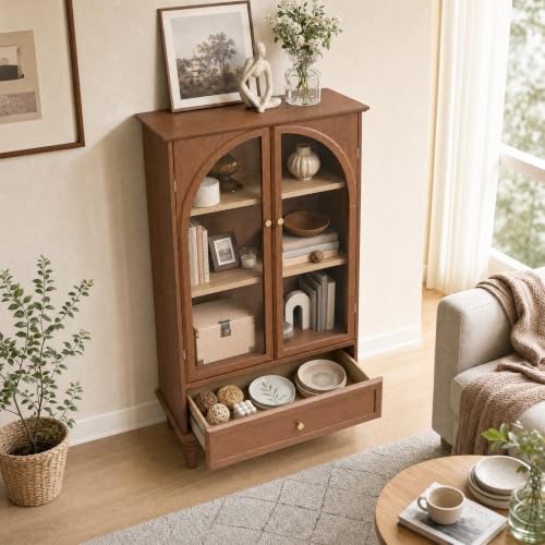 52" Farmhouse Sideboard Cabinet with Arched Glass Doors & Drawer, view 7