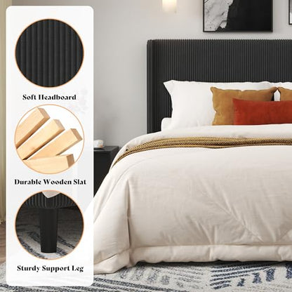 Queen Bed Frame, Upholstered Platform Bed with Corduroy Headboard, Black, view 7