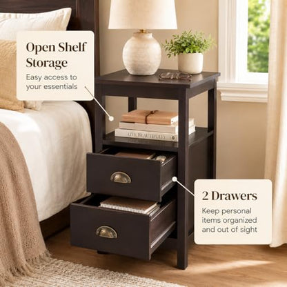 Side Table Living Room Narrow Rustic End Table Bedroom with 2 Drawers and 1 Open Shelf for Small Space（Brown, 23.6" L x 11.8" W x 24’’H）