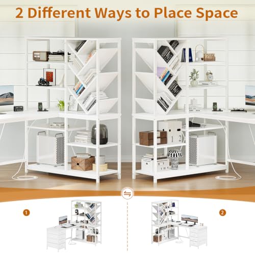 58" White L Shaped Desk with Bookshelf and 3 Drawers for Home Office, view 5