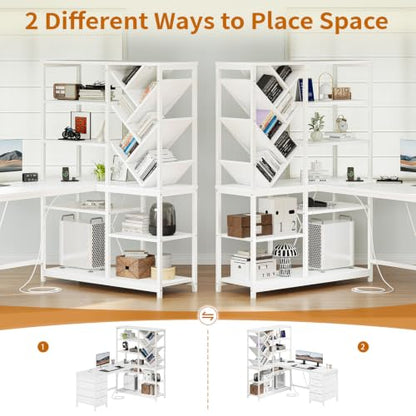 58" White L Shaped Desk with Bookshelf and 3 Drawers for Home Office, view 5