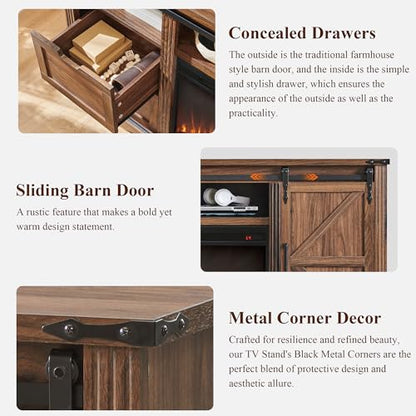 Farmhouse 66"TV Stand for 75+ Inch TV, With 4 Drawers & Sliding Barn Door | 32" Tall Entertainment Center, Rustic Media Console w/Storage Shelves, 66" Wood Television Stand for Living Room, Brown