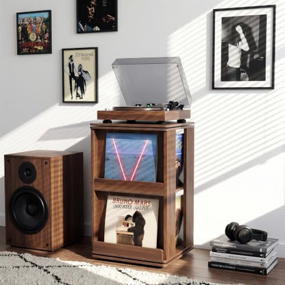 Swivel Record Player Stand with Storage Cabinet & Cover Holder, view 6