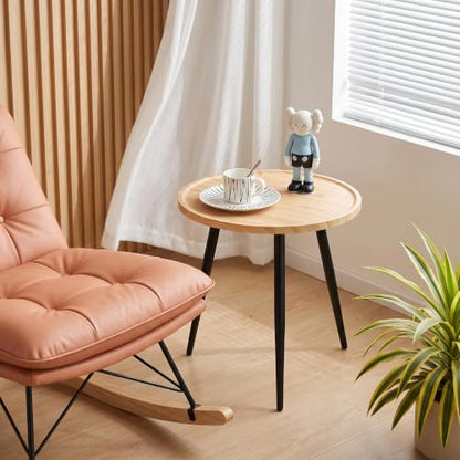 Modern Side Table, Round Small End Table, Exclusively Designed Hand-Crafted Small Nightstand, Solid Wood,Natural top with Black Metal Legsfor Bedrooms, Living Rooms and Home Office