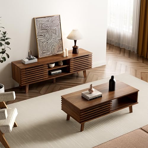 Mid Century Modern Coffee Table, Wood Coffee Table with Storage, Farmhouse Table for Living Room, Apartment, Walnut