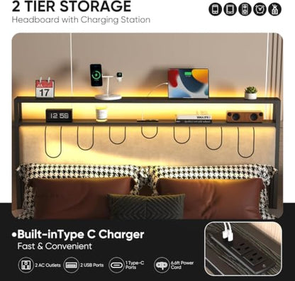 Full Bed Frames with Charging Station and LED Lights, view 6
