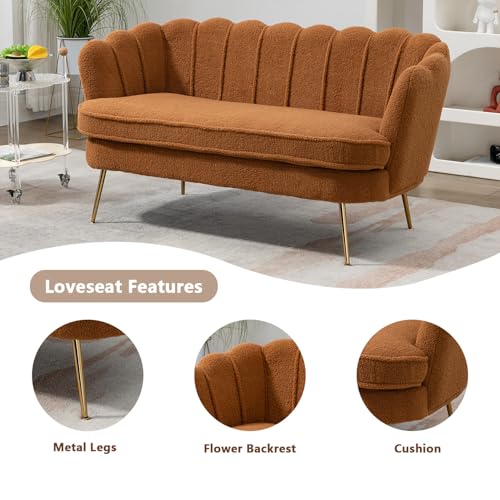 59" Small Modern Chenille Loveseat Sofa, 2-Seater Sofa with Gold Metal Legs, Small Couch with Flower Shaped Back for Living Room Bedroom Office (Caramel)