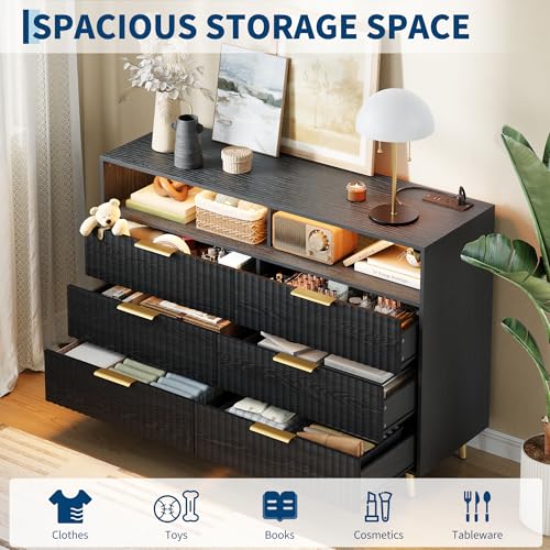 Fluted Dresser for Bedroom (Black, 53.9"W x 15.5"D x 37.8"H(6 Drawers)), view 6
