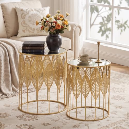 Gold Nesting Tables Set of 2, Glam Leaf Design Round End Table with Stainless Steel Top for Living Room & Bedroom, No Assembly Required