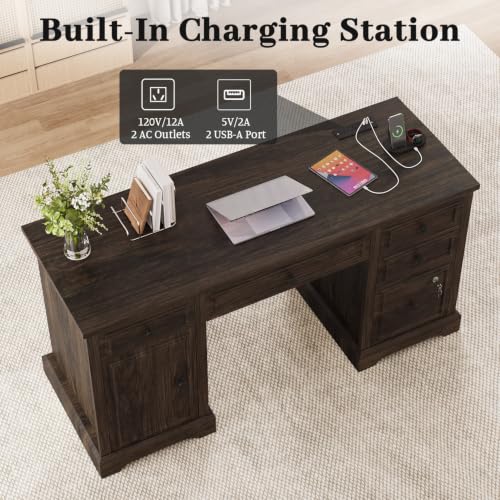 59" Farmhouse Executive Desk with Drawers, Wood Home Office Computer Desk, view 4