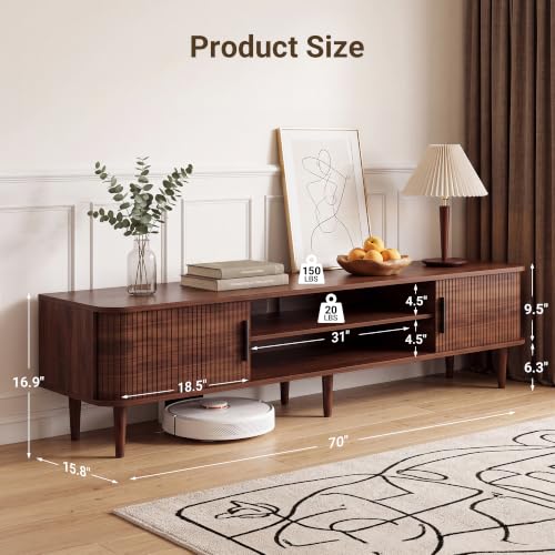 70" TV Stand with Rolling Doors and Storage, Mid-Century, Walnut, view 3