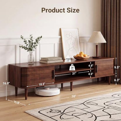 70" TV Stand with Rolling Doors and Storage, Mid-Century, Walnut, view 3