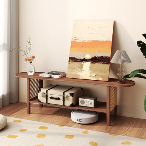 Bamboo TV Stand with Storage for TVs up to 65", Modern Entertainment Center with Rattan Side, Accent TV Table with 2 Shelf, Media Console TV Stand for Living Room, Bedroom, Walnut