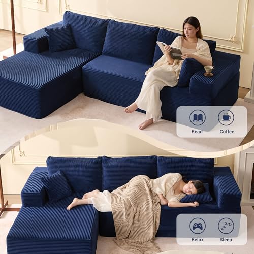 107" Boneless Couch with Deep Seat, Modular Sectional Sofa, Cloud Sectional Couch for Living Room, No Assembly Required, Corduroy, L-Shape Left, Blue