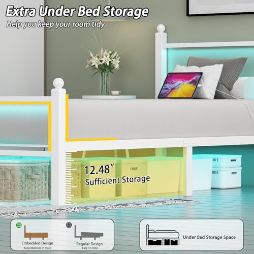 White Metal Bed Frame with RGB Lights and USB, Underbed Storage, view 5