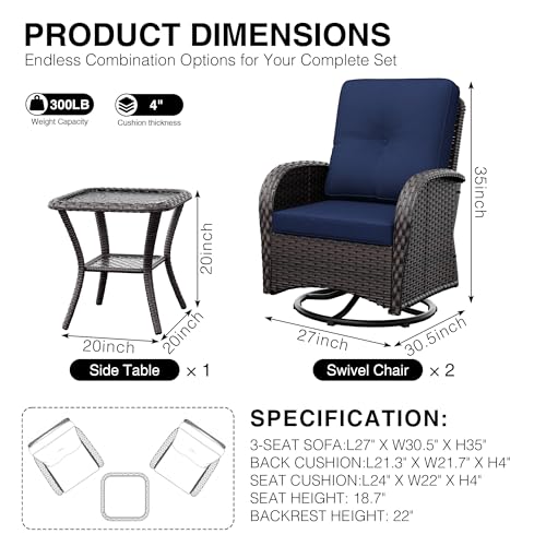 Outdoor Swivel Rocker Chairs, 3 Piece Wicker Patio Set with Thickened Cushions, High Back, Deep Seating, Wide Armrest, Outdoor Swivel Chairs for Porch, Deck