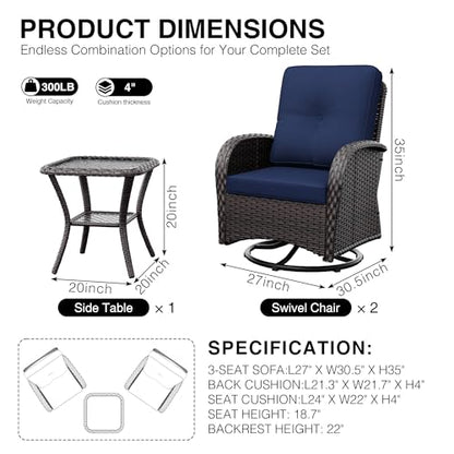Outdoor Swivel Rocker Chairs, 3 Piece Wicker Patio Set with Thickened Cushions, High Back, Deep Seating, Wide Armrest, Outdoor Swivel Chairs for Porch, Deck