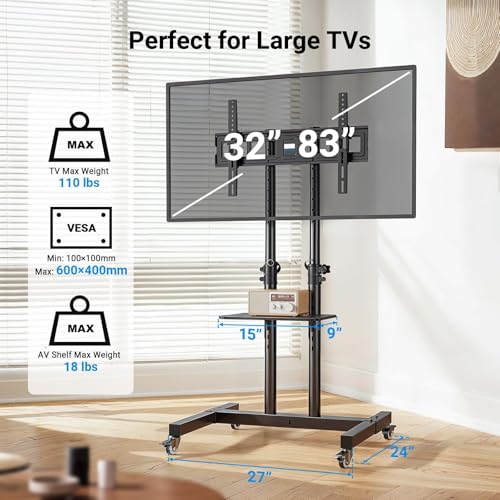 Rolling TV Stand on Wheels for 32-83 Inch Screens up to 110lbs, Mobile TV Cart Height Adjustable Portable Outdoor TV Stand Tilt Rolling TV Cart with Shelf Max VESA 600x400mm PSTVMC03